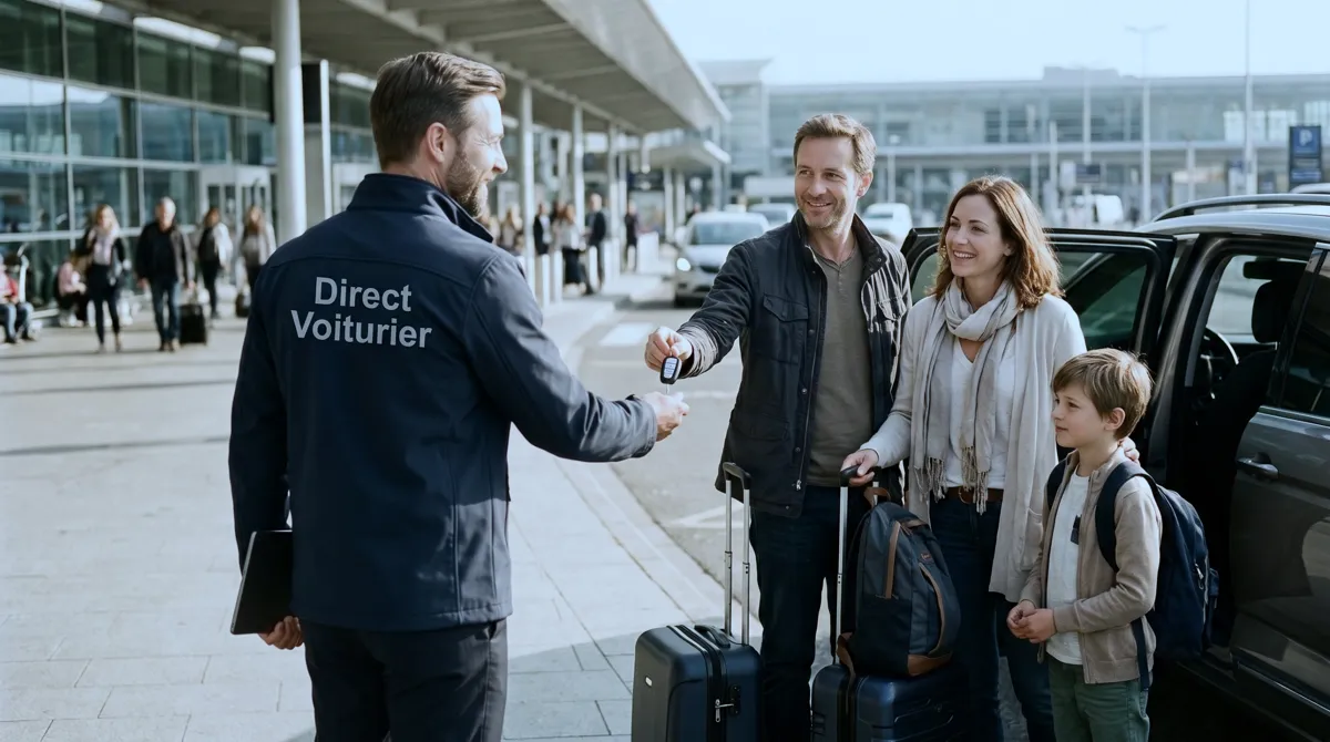 Un voiturier Direct Voiturier récupère les clés d'une famille au dépose-minute de l'aéroport