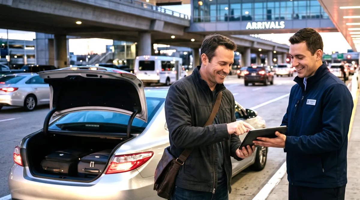 Le voiturier restitue la voiture à un client à son retour, devant le terminal